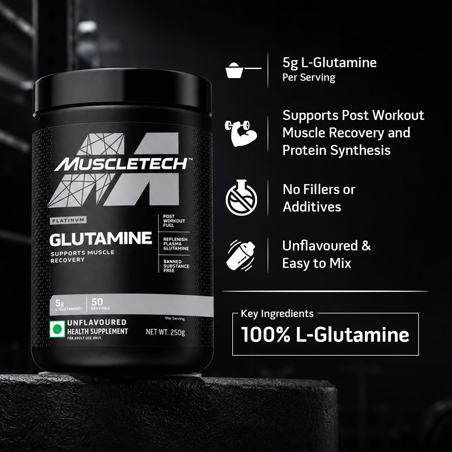 Muscletech Glutamine | Muscletech Platinum 100% Glutamine | Post Workout Recovery Drink | L-Glutamine Powder For Men & Women | Muscle Recovery | Unflavored (50 Servings) - 250 grams..
