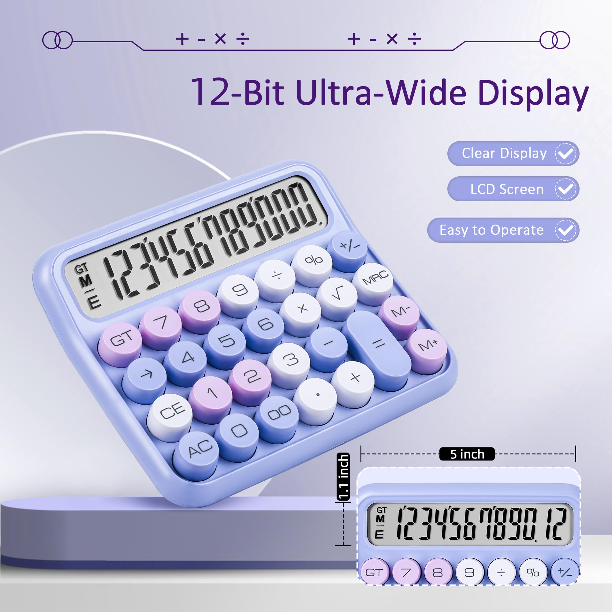 VEWINGL Mechanischer Taschenrechner, violetter Taschenrechner, niedliches 12-stelliges LCD-Display und Tasten, Taschenrechner mit großem LCD-Display, ideal für den Alltag und grundlegende Büroarbeit