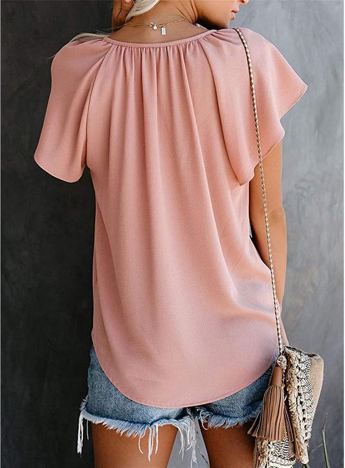Women Short Sleeve Drawstring Blouses Shirts Casual Boho V Neck Plus Size Tops Loose Solid Chiffon Dressy Tee Shirt