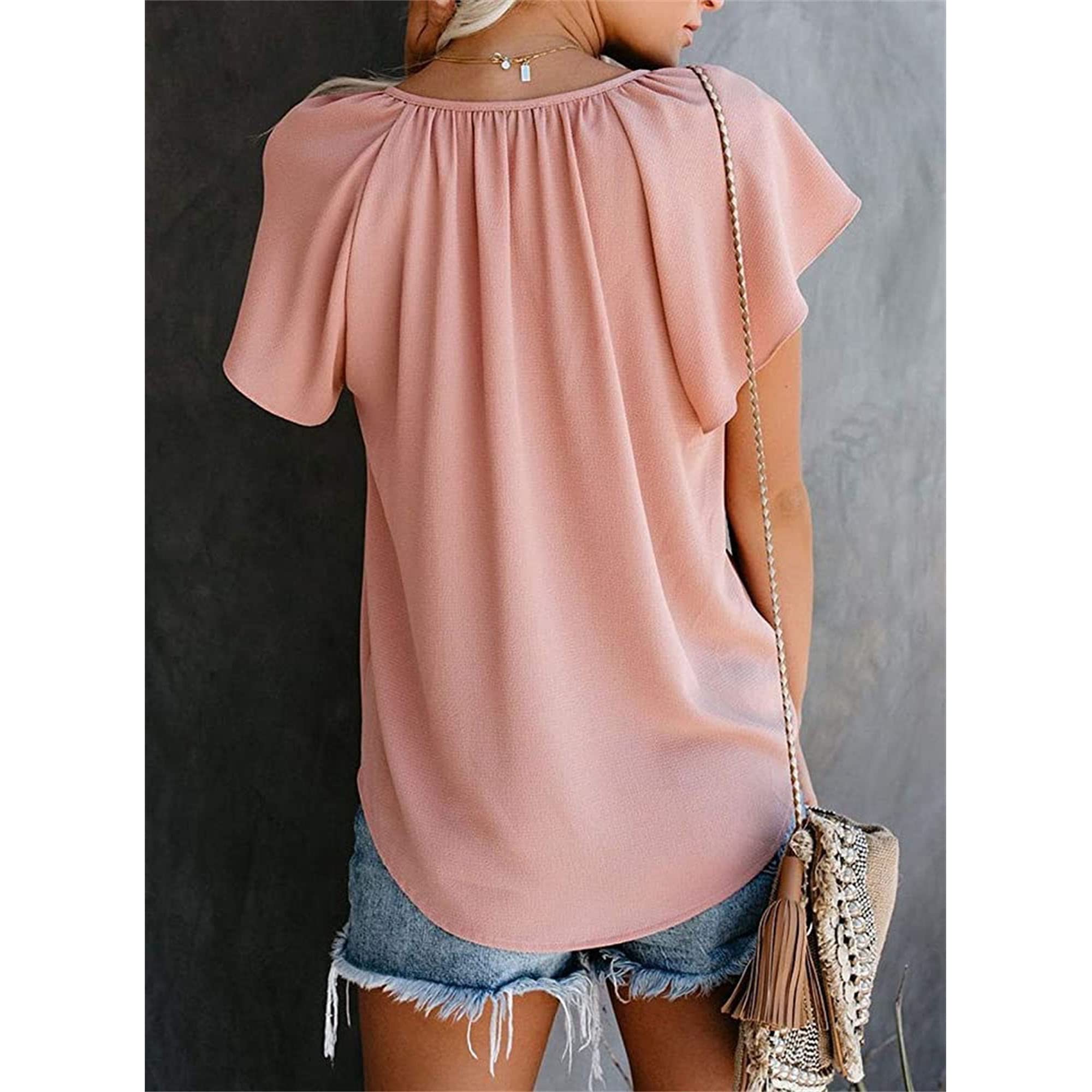 Women's Drawstring V Neck Chiffon Blouses Ruffle Short Sleeve Flowy Shirts Tops Loose Summer Casual T Shirt (Medium,Pink)