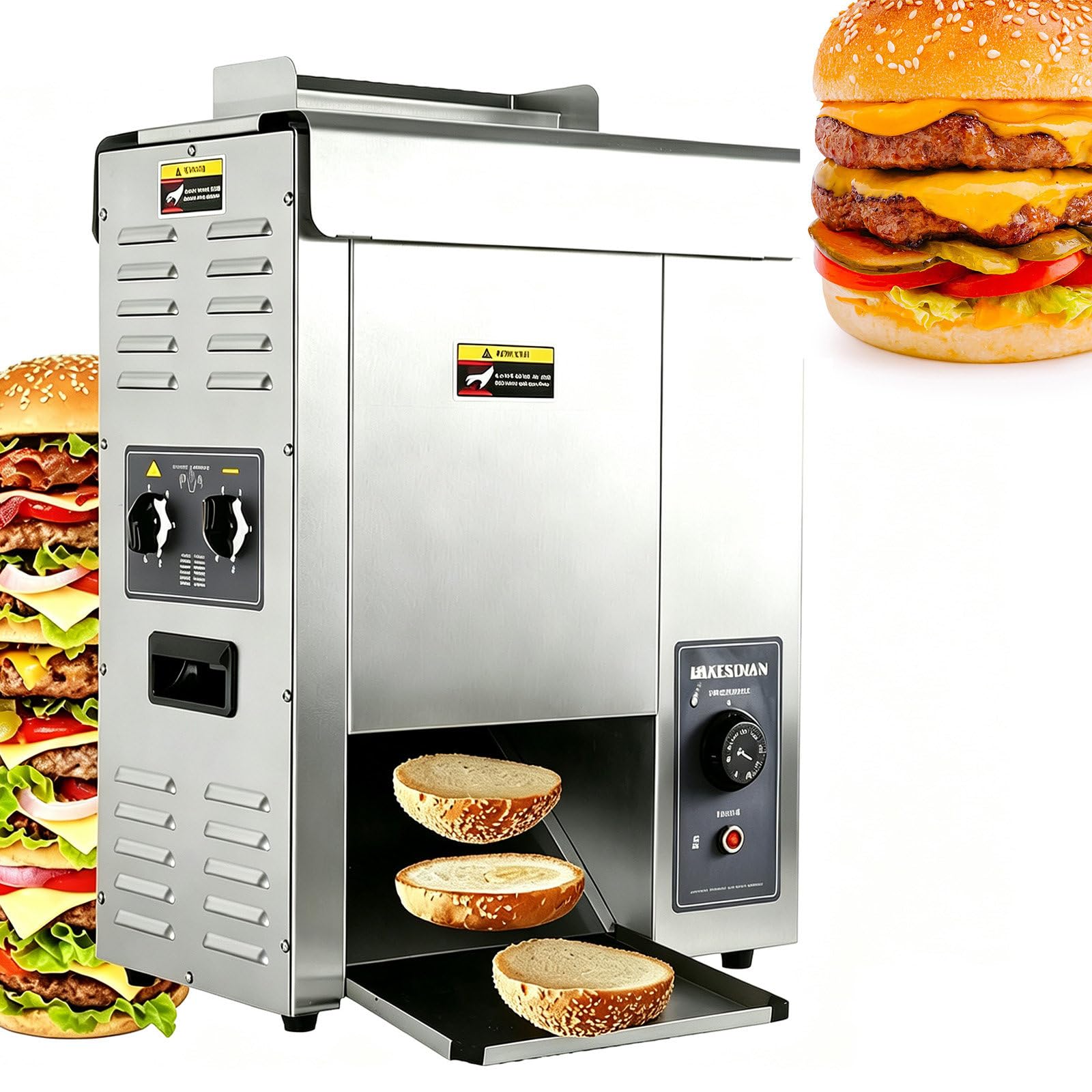 Profesjonalny pionowy opiekacz do bułek hamburgerowych 2000 W, stal nierdzewna (do kontaktu z żywnością), regulacja temperatury 50–300°C, do lokali typu fast food i piekarni