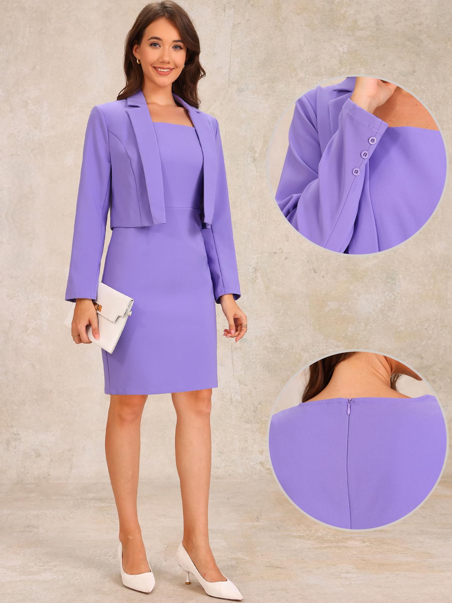 Allegra K Donna Completo da Lavoro, Abito Attillato Senza Maniche, Blazer Corto A Maniche Lunghe, Completo da Lavoro