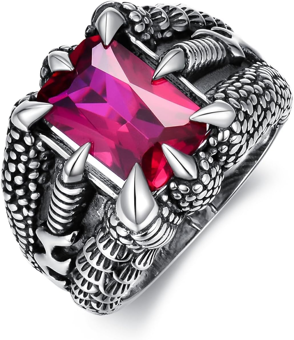 GDHKDDFL Gemstone rings, Dragon Claw Ring for Men, 925 Sterling Silver Created Ruby Men's, Retro Cool Gemstone