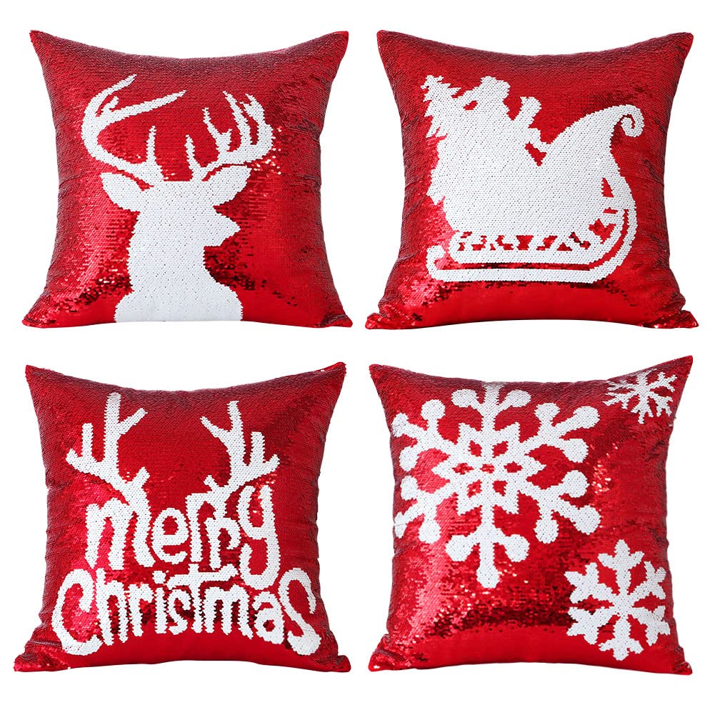 SAVORI Christmas Pillow Covers Sequin Throw Pillow Cover Decorative Cushion Covers Red Xmas Pillowcases for Winter Holiday Farmhouse Outdoor Home Decor 18" x 18" 4 Pack (Elk)