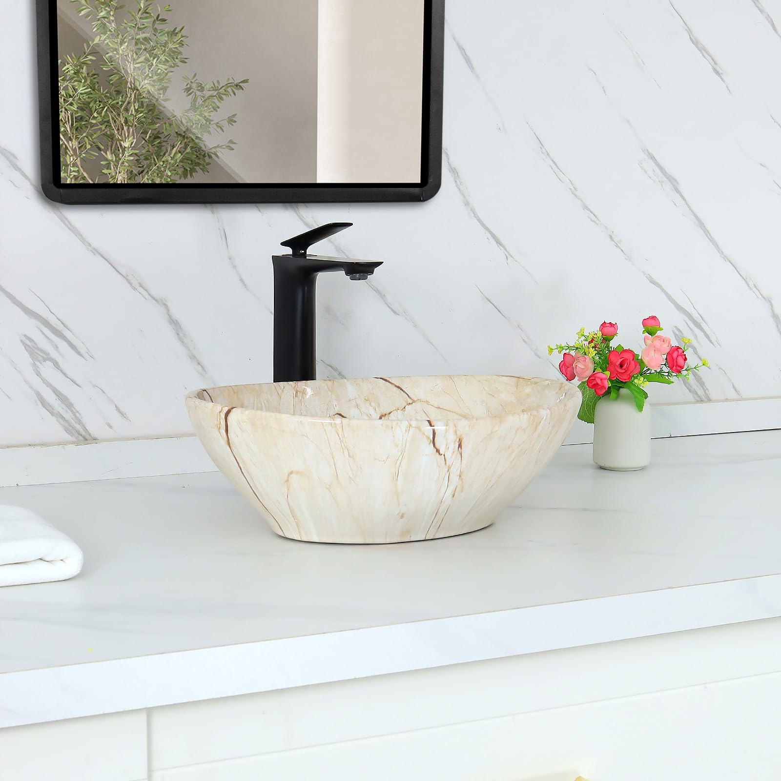 Davivy 16.1"x13" Marbling Bathroom Vessel Sink with Pop Up Drain,Oval ...