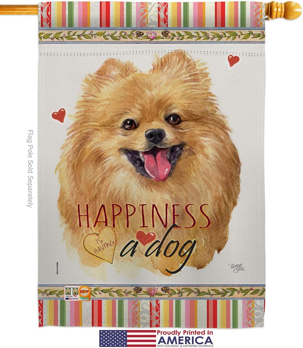 Pomeranian Happiness House Flag Animals Dog Puppy Spoiled Paw Canine Fur Pet Nature Farm Animal Creature Small Decorative Gift Yard Banner Made In USA 28 X 40