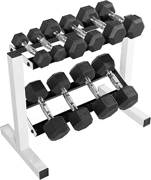 CAP 150 LB Dumbbell Set with 2-Tier Rack, Rubber Hex Free Weights Set, Home Gym Weight Set with Horizontal Storage Rack for Strength Training
