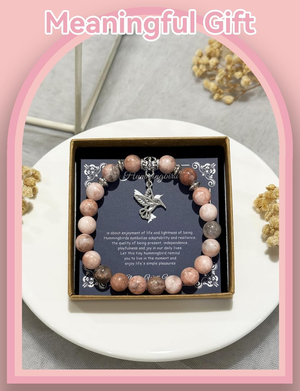 Hummingbird Gifts for Women, Motivational Gifts for Mom, Mothers Day Hummingbird Bracelet, Strength Bracelets for Women, Gifts for Her, Anxiety Bracelet, Stretch Natural Stone Beaded Bracelets - Image 5