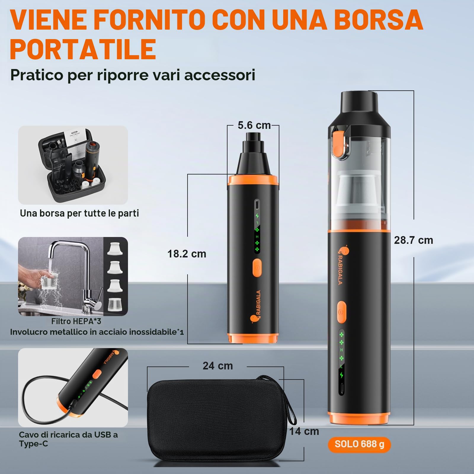 RABIGALA Aspirapolvere portatile a batteria 4 in 1, 30000PA per auto ad alte prestazioni, vincitore del test della batteria, 3 marce, 280000 giri/min, pour Voiture, Cuisine, PC, canapé, Bureau
