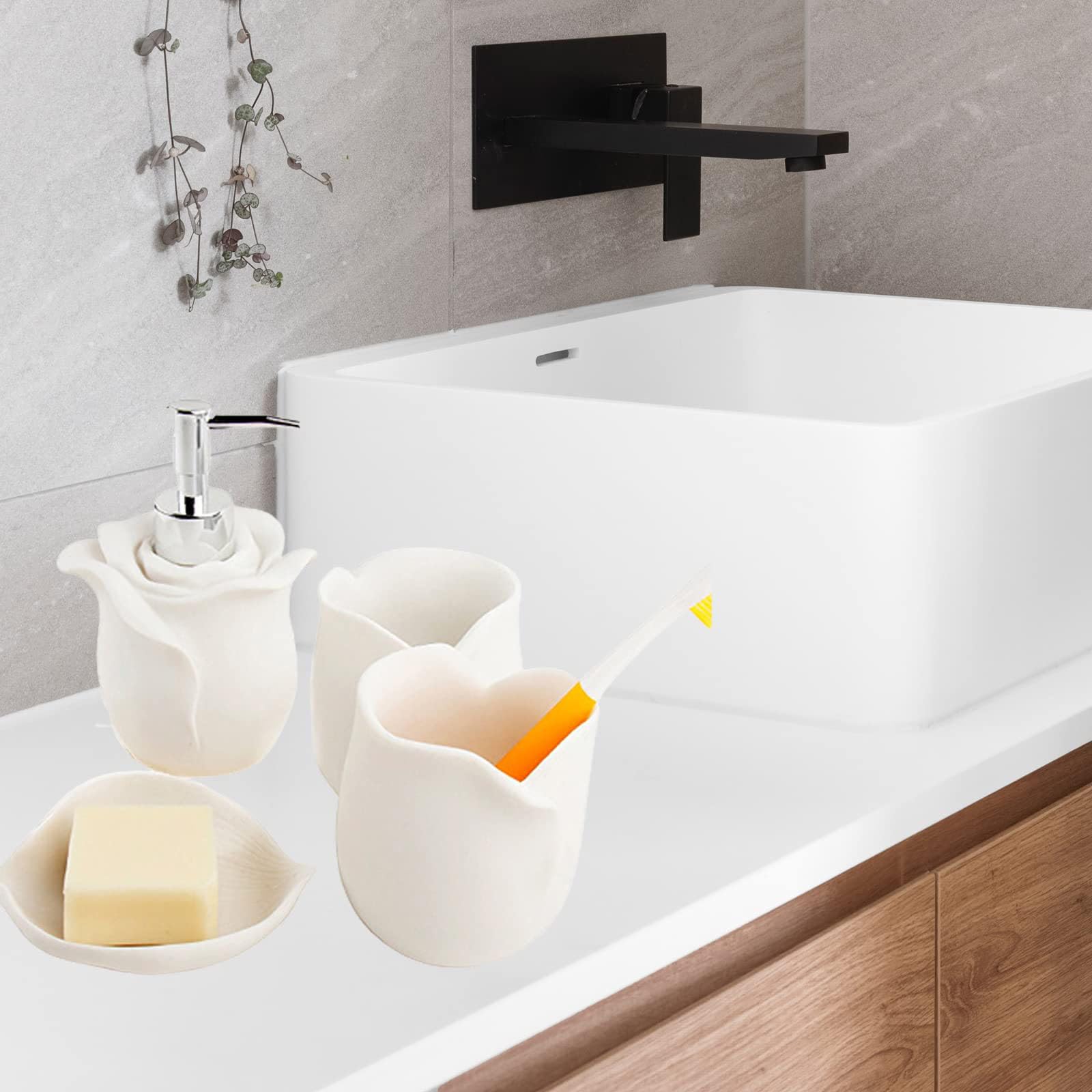 Moderno Decorativo 3D Rosas 4 Piezas Accesorios de Baño Set Dispensador de Jabón/Cepillo de Dientes TazaJabonera, 4 Piezas,Blanco