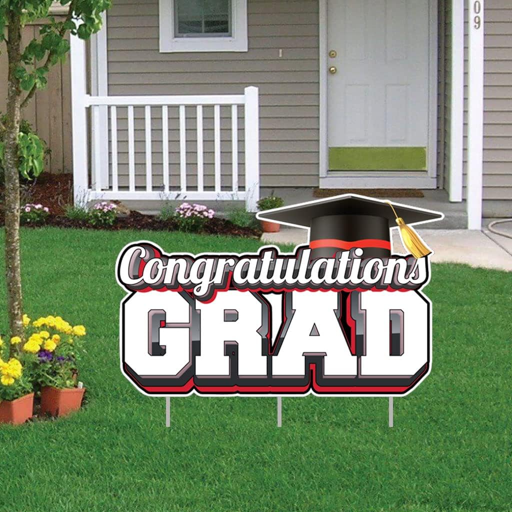 VictoryStore Jumbo Grad Sign, 35 Inches Wide, Congratuations Grad, Waterproof Corrugated Plastic, 35x21.7 Inches, Includes 3 EZ Stakes (Purple)