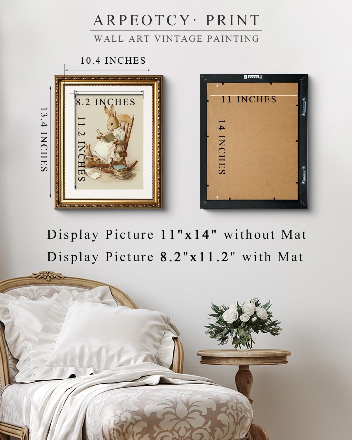 ARPEOTCY Vintage Gold Framed Wall Art, Easter Rabbit Reading Paintings, Canvas Prints Artwork with Antique Frame, Victorian Wall Picture Decor for Nursery Gallery Living Room, 13x16 inch