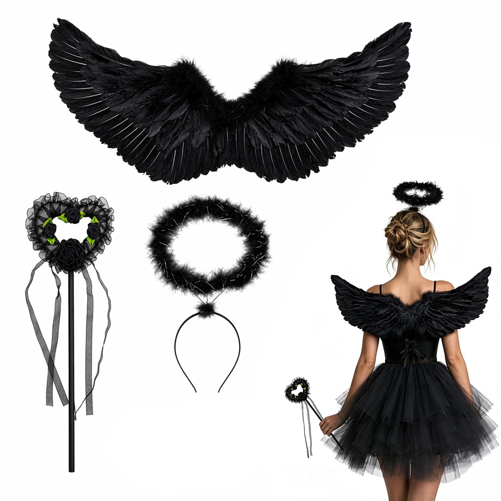Eivxxky 3Pcs Black Angel Wings Set, Angel Costume