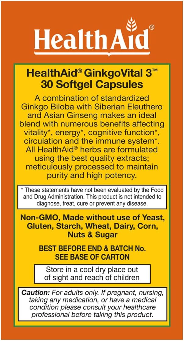 HealthAid Ginkgo Vital 3 – Once-Daily Softgel with Ginkgo Biloba, Siberian Eleuthero & Korean Ginseng | Supports Mental Clarity & Circulation | 30 Softgels