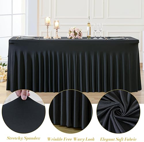 Miniatura 5 de Paquete de 6 manteles negros para mesas rectangulares de 6 pies, manteles de elastano ajustables de 6 pies, manteles elásticos de 6 pies, manteles