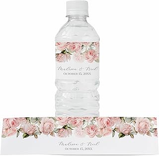 Personalized Water Bottle Labels with Choice of 30 Flower Styles - Choose Font and Pre-Made Phrases or Design Custom Text - LABELS ONLY (015 Pink Roses, 2 inch (8.5x2"))