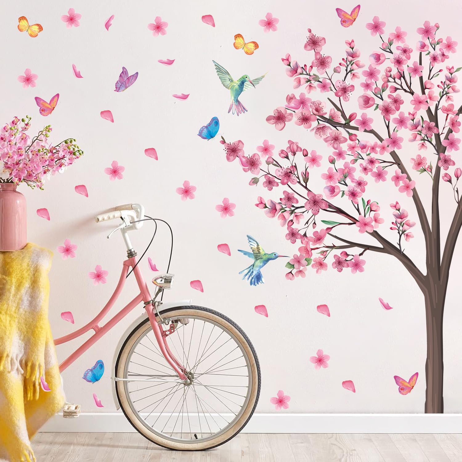 HPNIUB Pink Flower Tree Wall Sticker Cheery Blossom Branch Wall Stickers Murals for Wall Bedroom Living Room Home Office Wall Decor Pink Bedroom Accessories