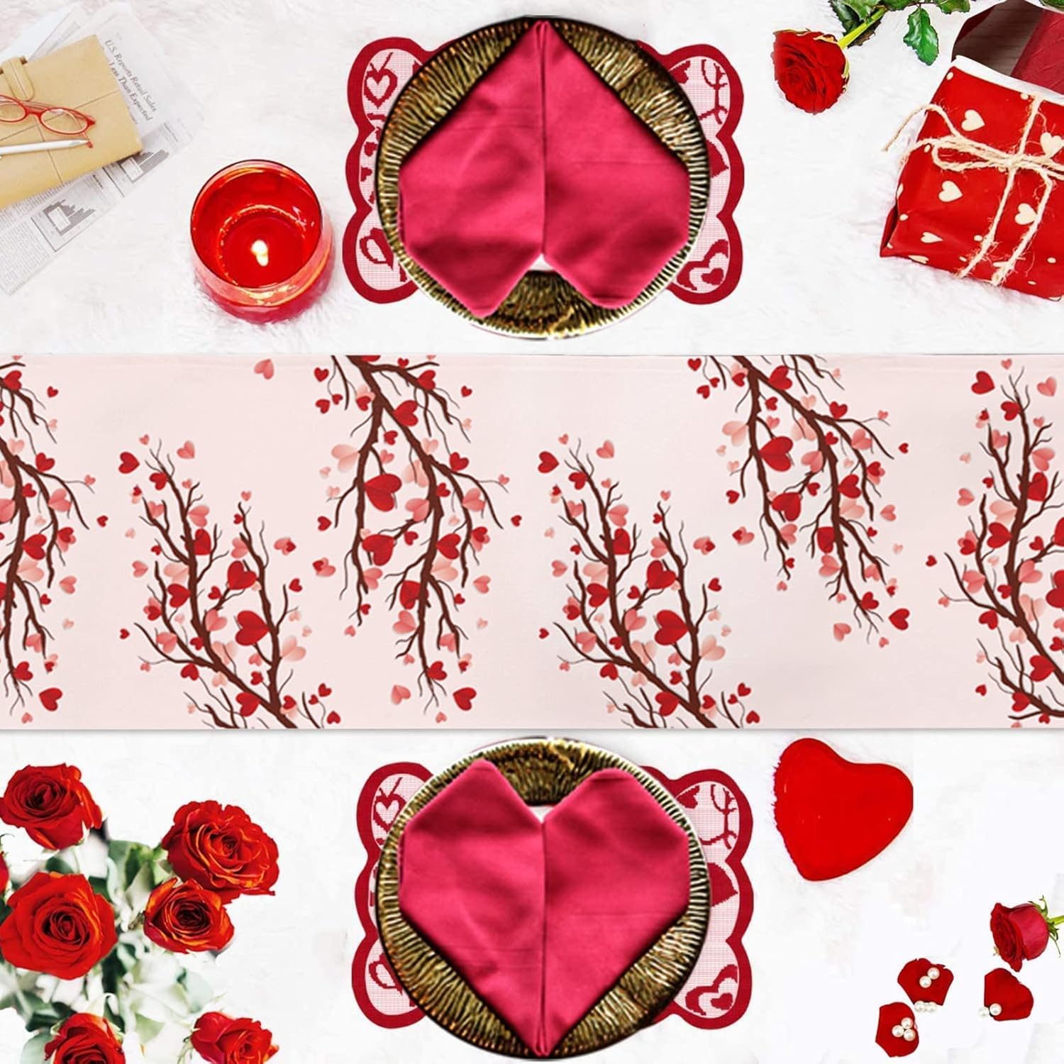 バレンタインテーブルランナー 36インチ ハッピーバレンタインデーテーブルランナー ダイニングルーム ラブハートツリー ブランチ デ