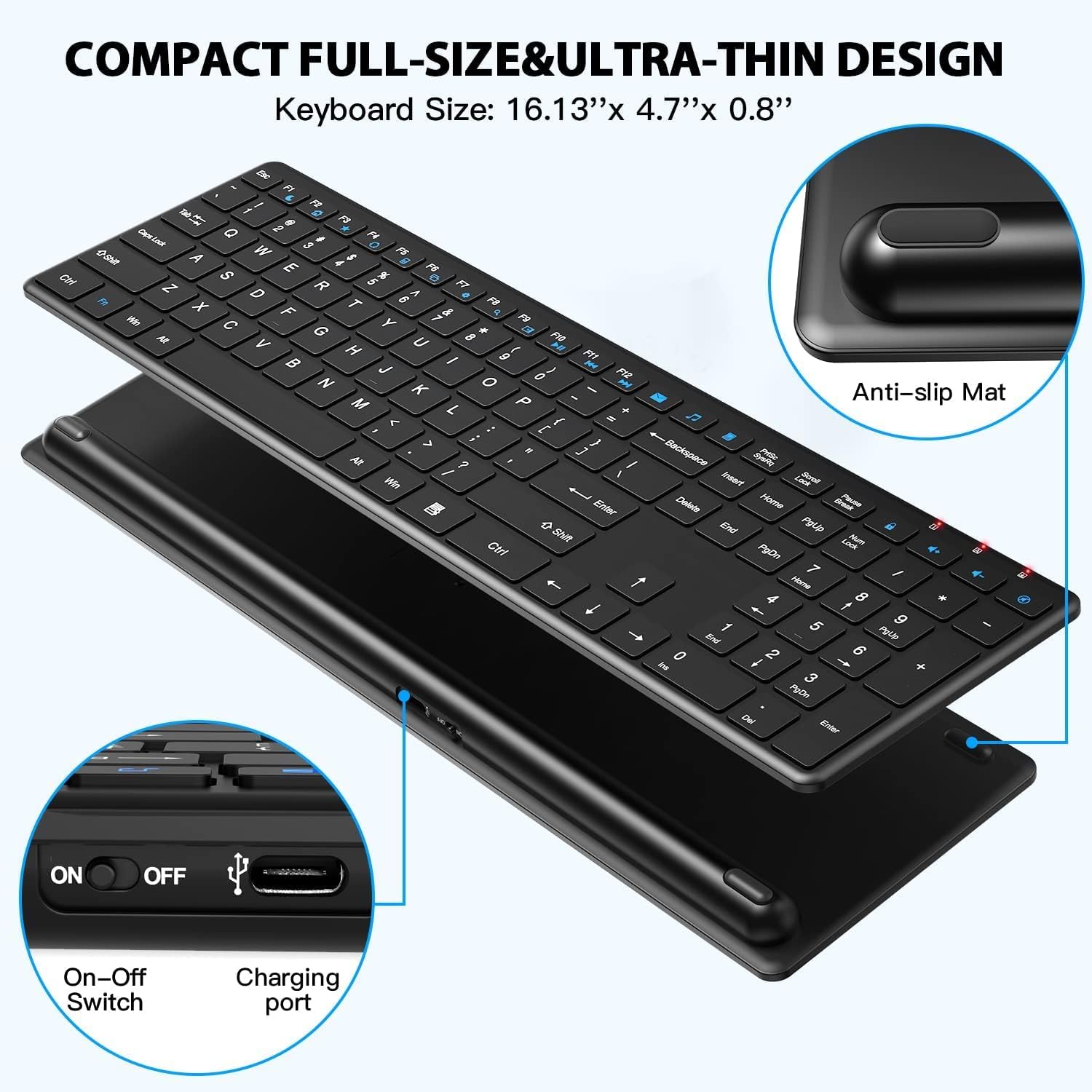 WisFox Rechargeable Wireless Keyboard, USB Ultra Slim Computer Keyboard, Full Size Silent Keyboard for Laptop, Computer and Desktop, Surface, Mac and Windows
