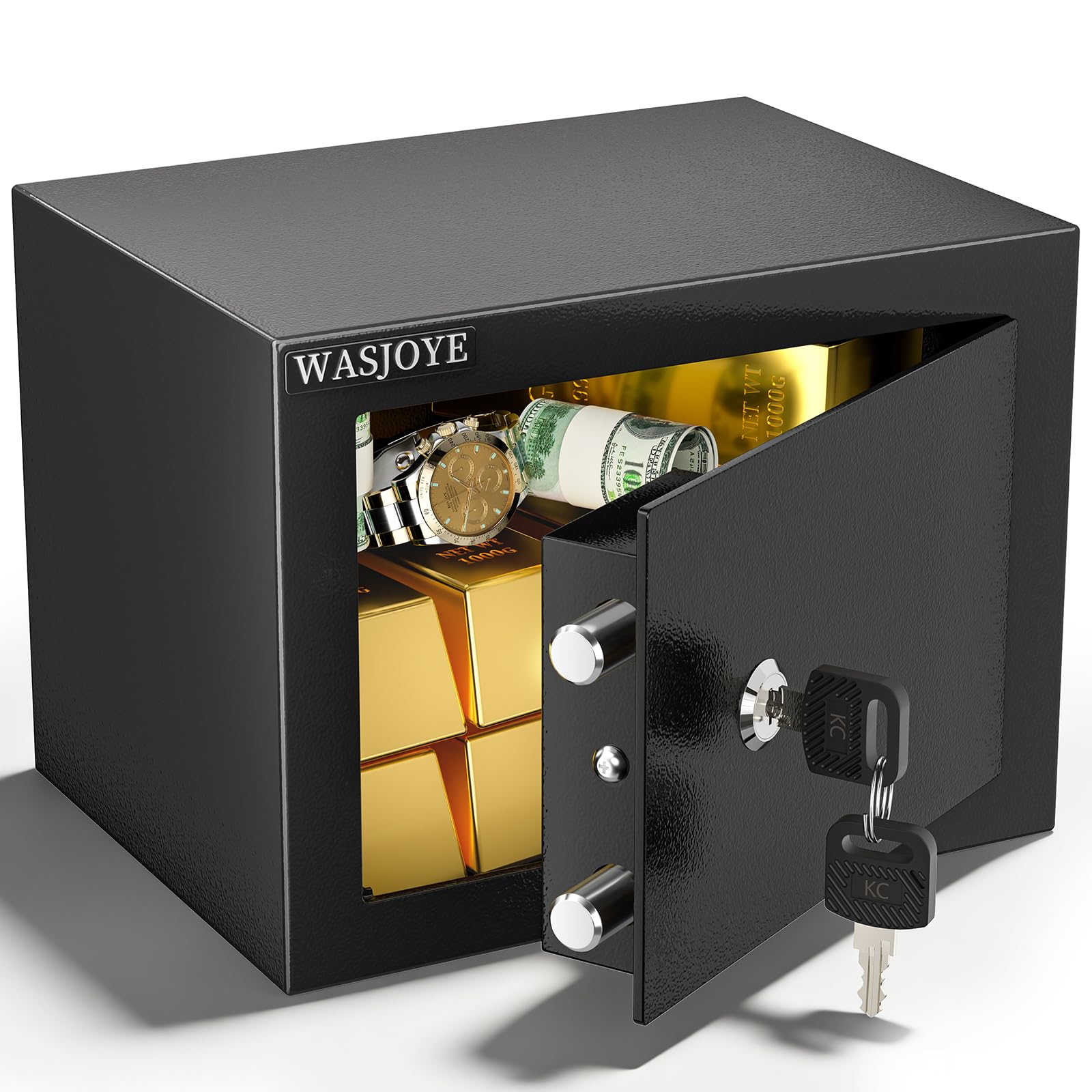 Photo 1 of (in white) WASJOYE Home Small Safe Box - Key Lock Coffre Fort Steel High Security Safety Box, 0.23 Cubic Feet Safes for Home/Office/Hotel, Small Hidden Safe Box for Money Cash Jewelry Medicine Passport White