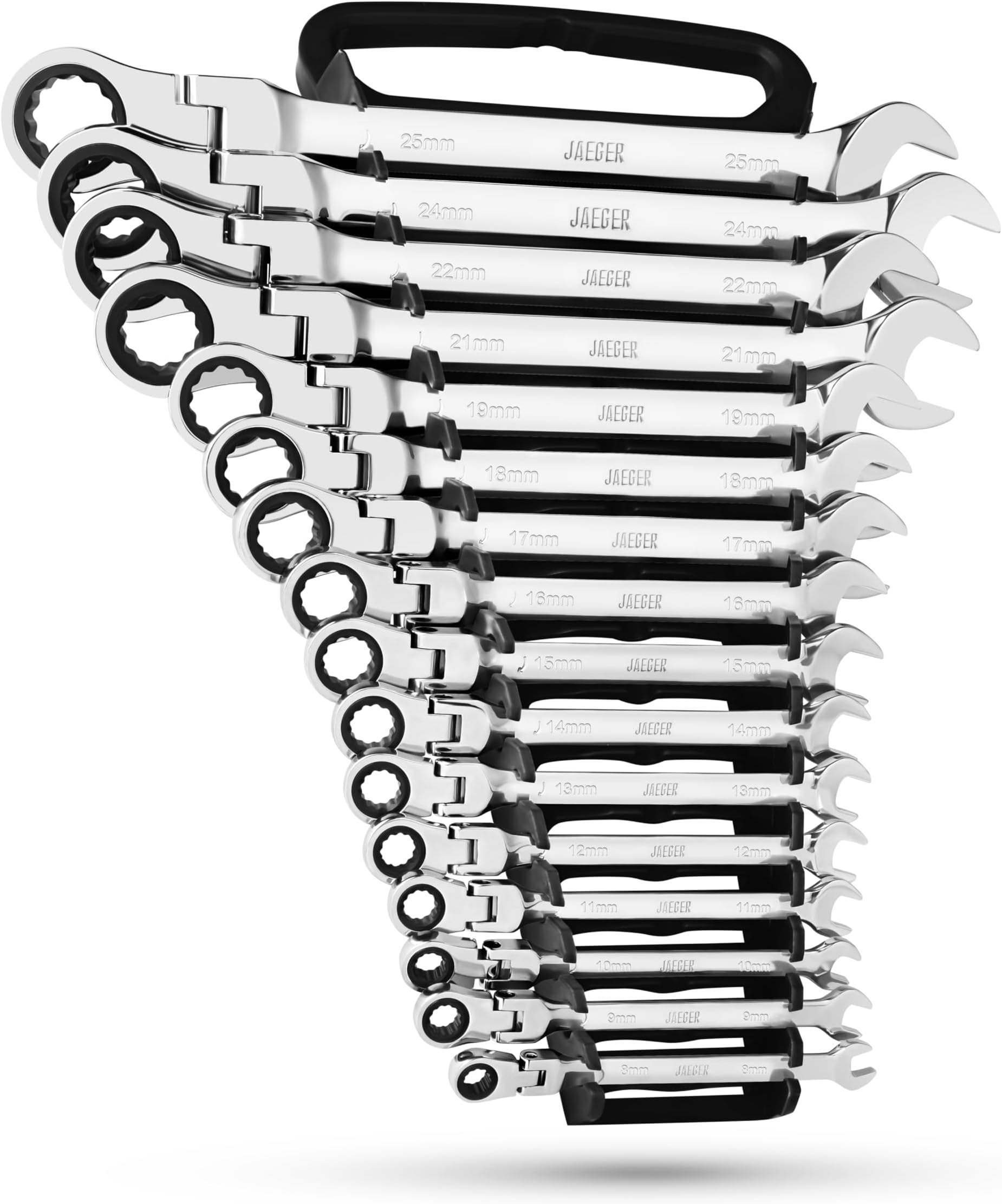 Jaeger16Pc Mm Metric Flex Head Ratcheting Combination Wrench Set with Lock in Rack Metric Flexhead Master Set with Flexible Ratchet Speed Wrenches and A Lock in Rack Case