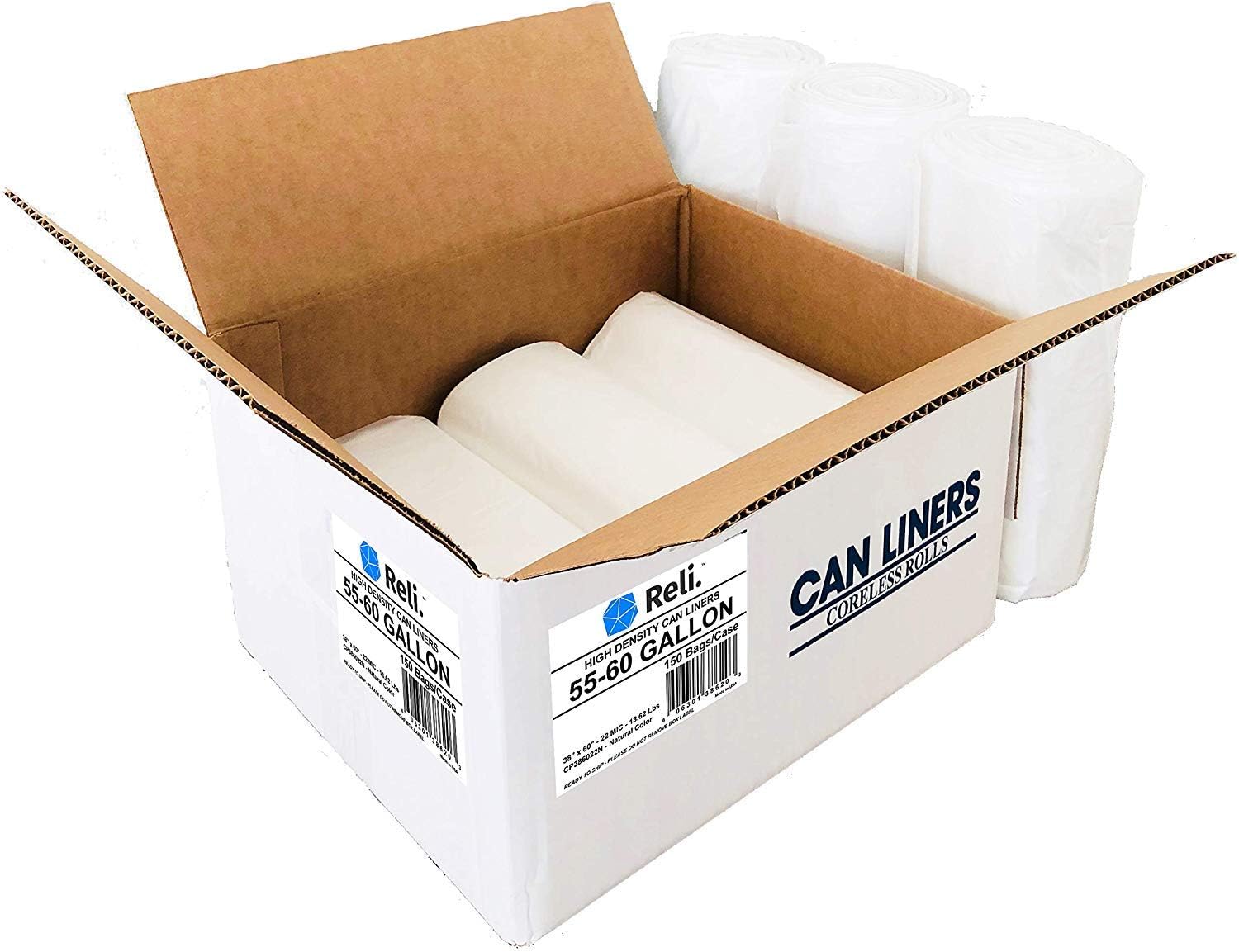 Reli. SuperValue 55 Gallon Trash Bags (150 Count Bulk), Made in USA - Clear Trash Bags Heavy Duty 55 Gallon - 60 Gallon - 55 Gal Garbage Bag