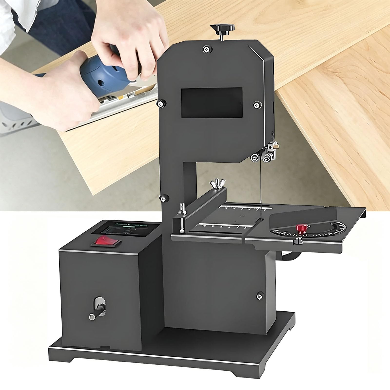 JOSBY Sierra De Cinta De Sobremesa De 800 W, Sierra De Cinta Portátil para Madera De 1750 RPM, Corte Angular De 0 A 45°, Profundidad De Corte De 70 Mm Y Profundidad De Garganta De 90 Mm