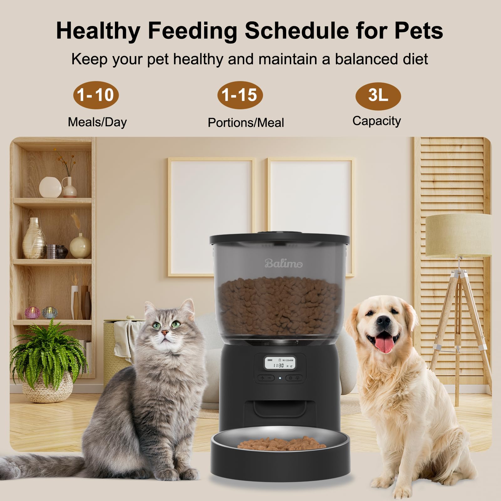 Balimo Distributore Automatico Cibo Gatti, 3L Dispenser Crocchette Gatto, Distributore Cibo Gatticon Timer Programmabile, 1-6 Pasti al Giorno, Adatto Per Cani e Gatti, Nero