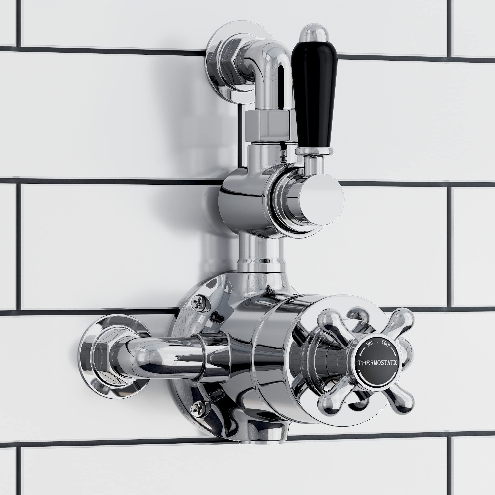 ENKI, Downton, T100, Traditional Thermostatic Shower Valve with Return to Wall Bend, Semi-Concealed Shower Valve, Chrome and Black