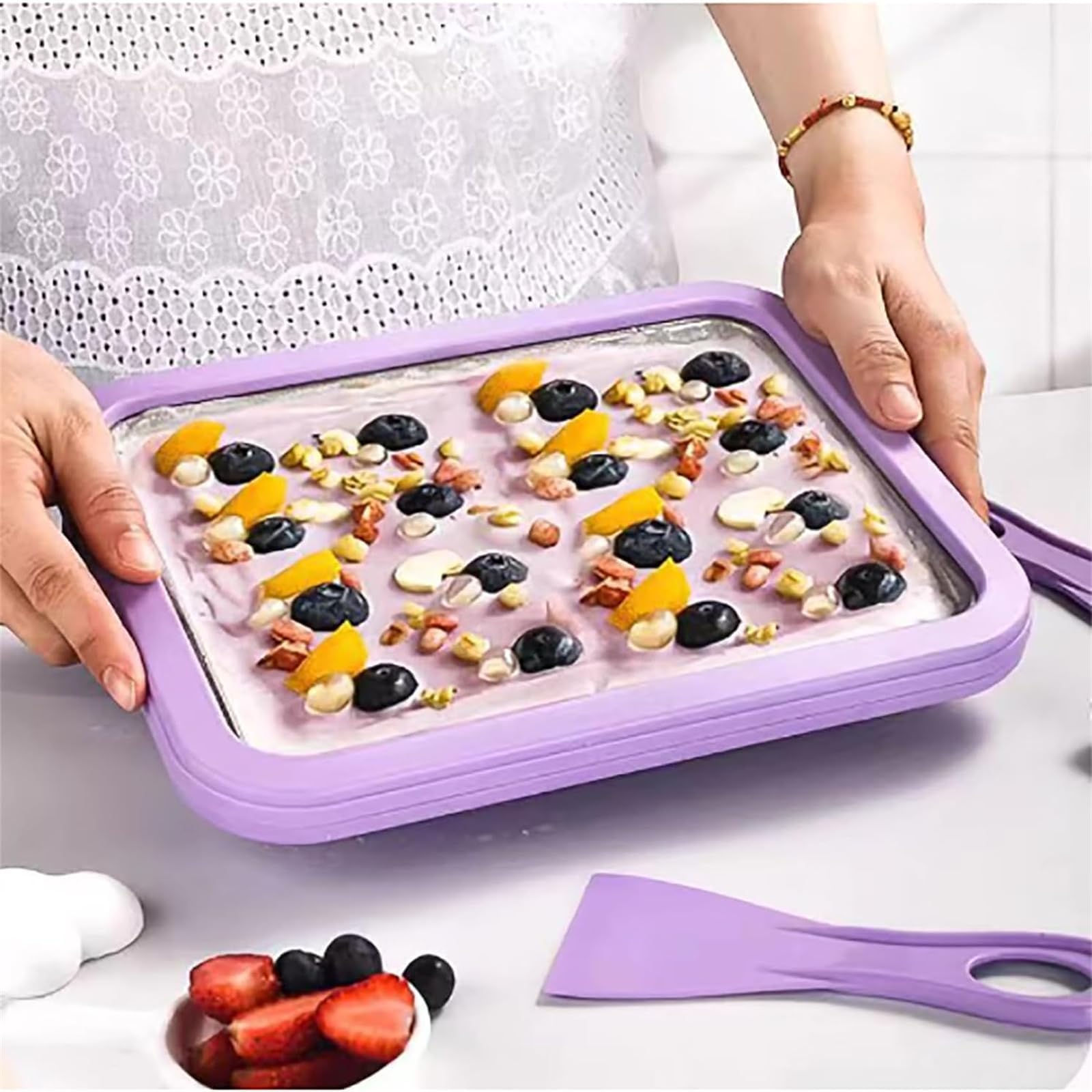 Petrus Eiscreme-Tablett, gerollte Eismaschine, DIY-Mini-Eiscreme-Tablett-Maker, Schnellkühltablett mit 2 Spateln