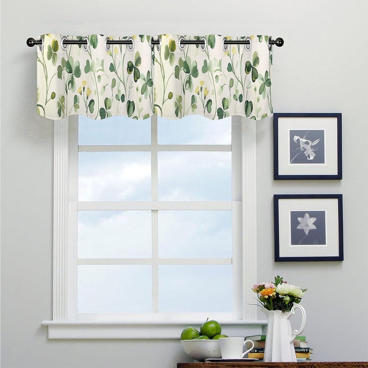 Green Vine Pattern Valance for Windows, 2 Pack Kitchen Curtains Modern Home Decor, Soft Blackout Window Curtains for Living Room & Bedroom, 18 X 52 Inch