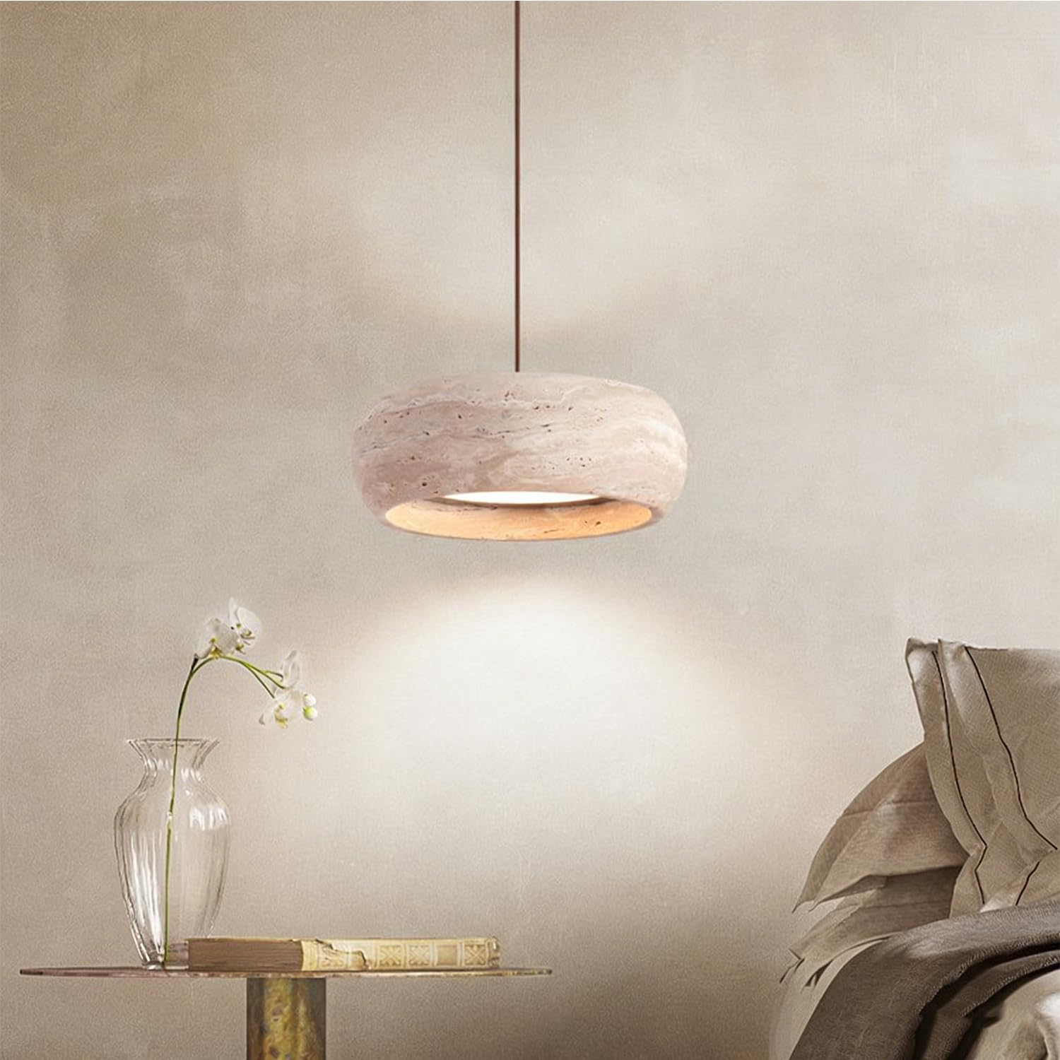 Huayusedf One Color Japanese Style Travertine Pendant Lights Cream Natural Stone Lamp For Living Dining Room Restaurant Bar Bedroom Bedside Chandelier