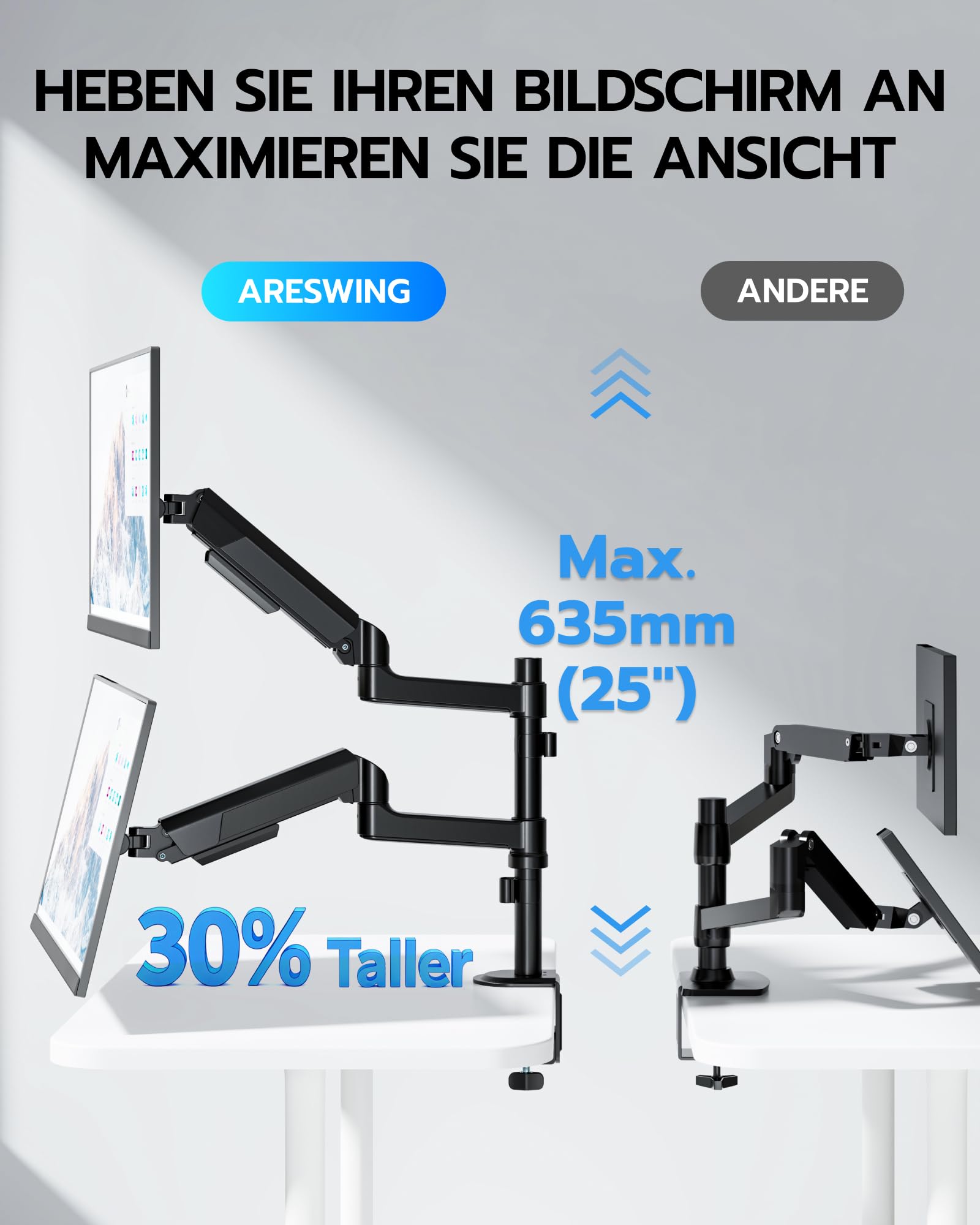 ARES WING Dual Monitorarm für 2 Monitore 17-40 Zoll mit Stange, Schwarz