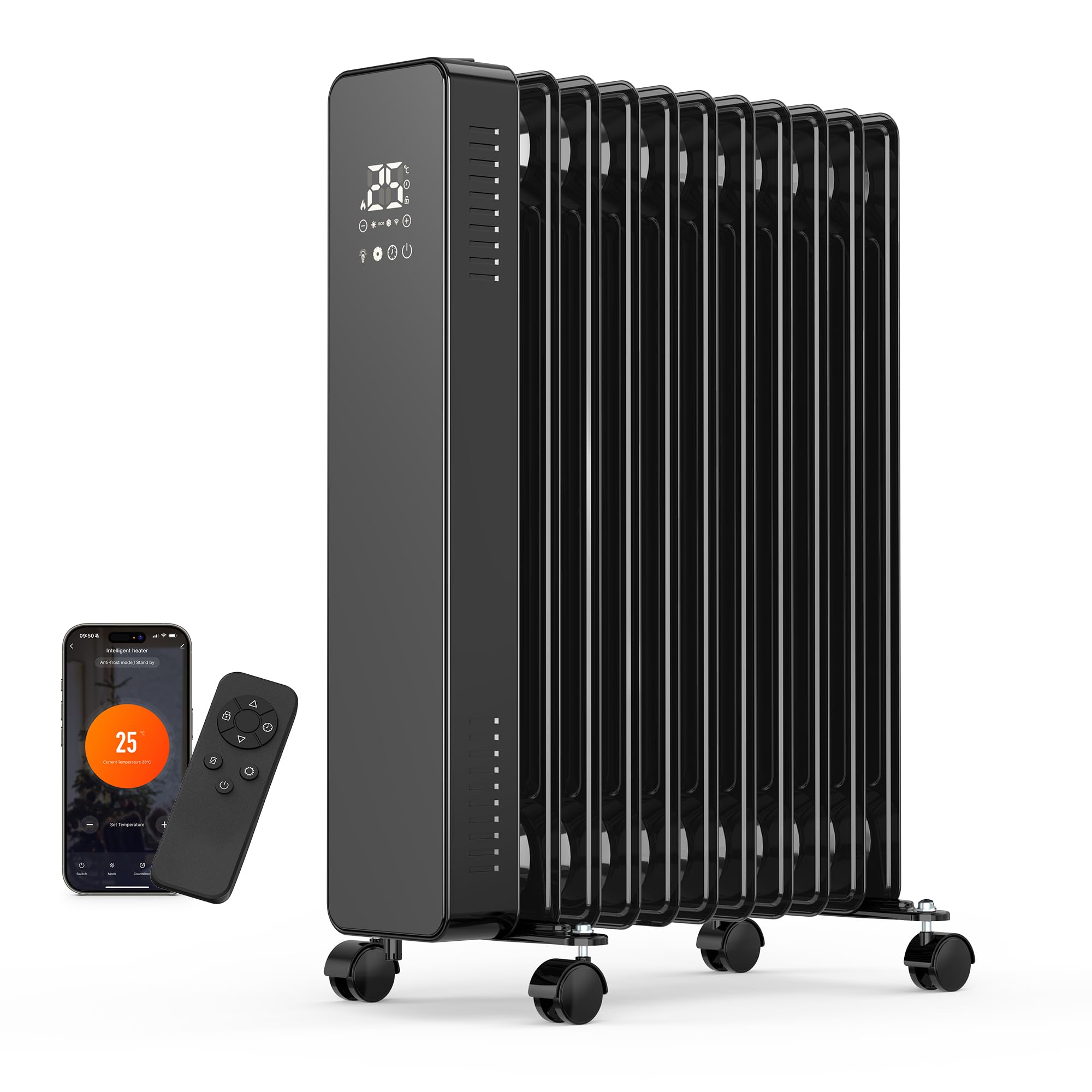 VonHaus Oil Filled Radiator โ Digitial LED Oil Heater with Remote Control, WiFi Smart Compatible with Alexa/Google Home โ Portable Electric Free Standing 2500W โ 24 hour Timer, Adjustable Thermostat
