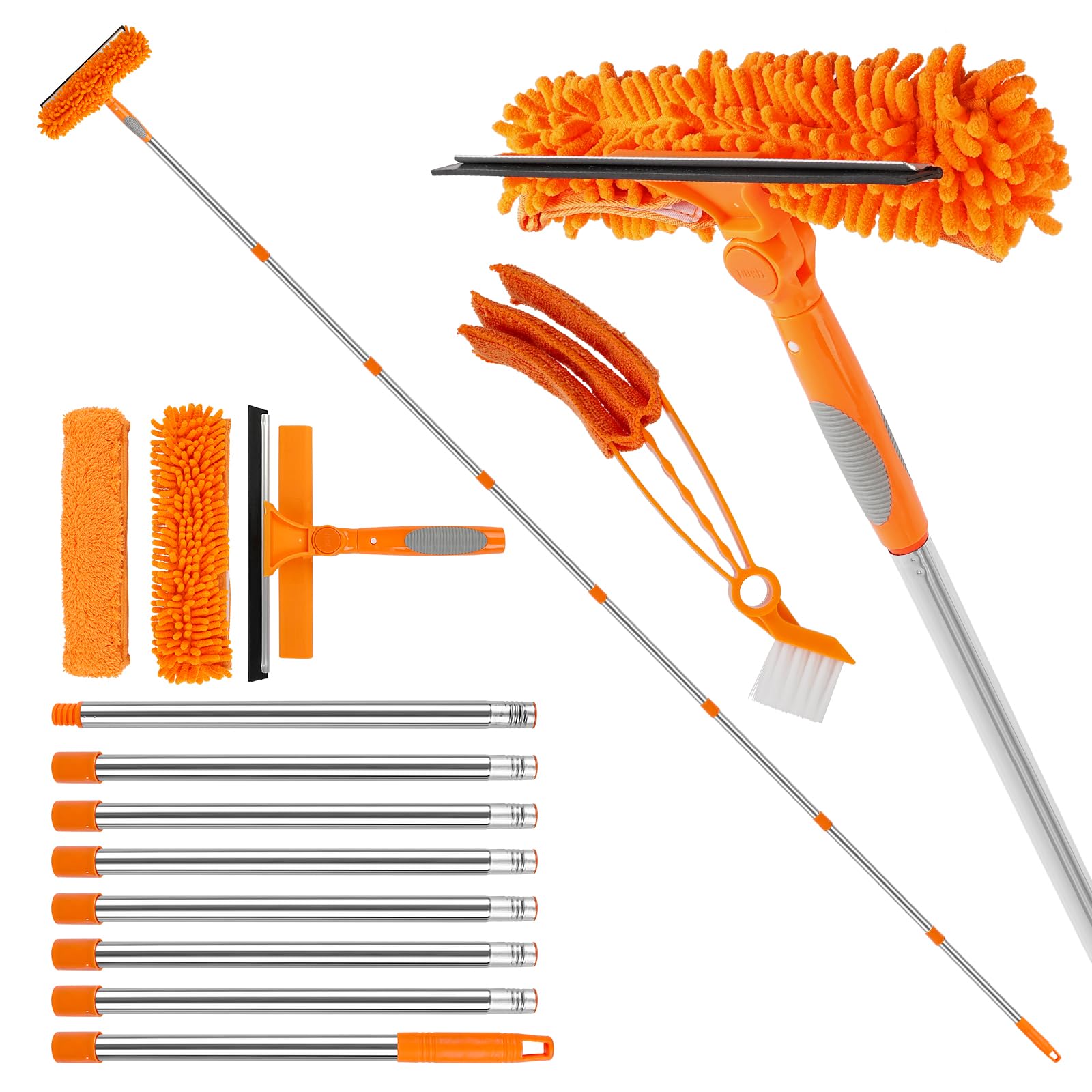 10.5Ft(3.2m）Window Cleaning Equipment, Window Squeegee Cleaner Kit with Extension Pole, Venetian Blind Brush and 3Pcs Microfiber Scrubber Washing Kit for Home, Shower Glass, Car, RV Orange