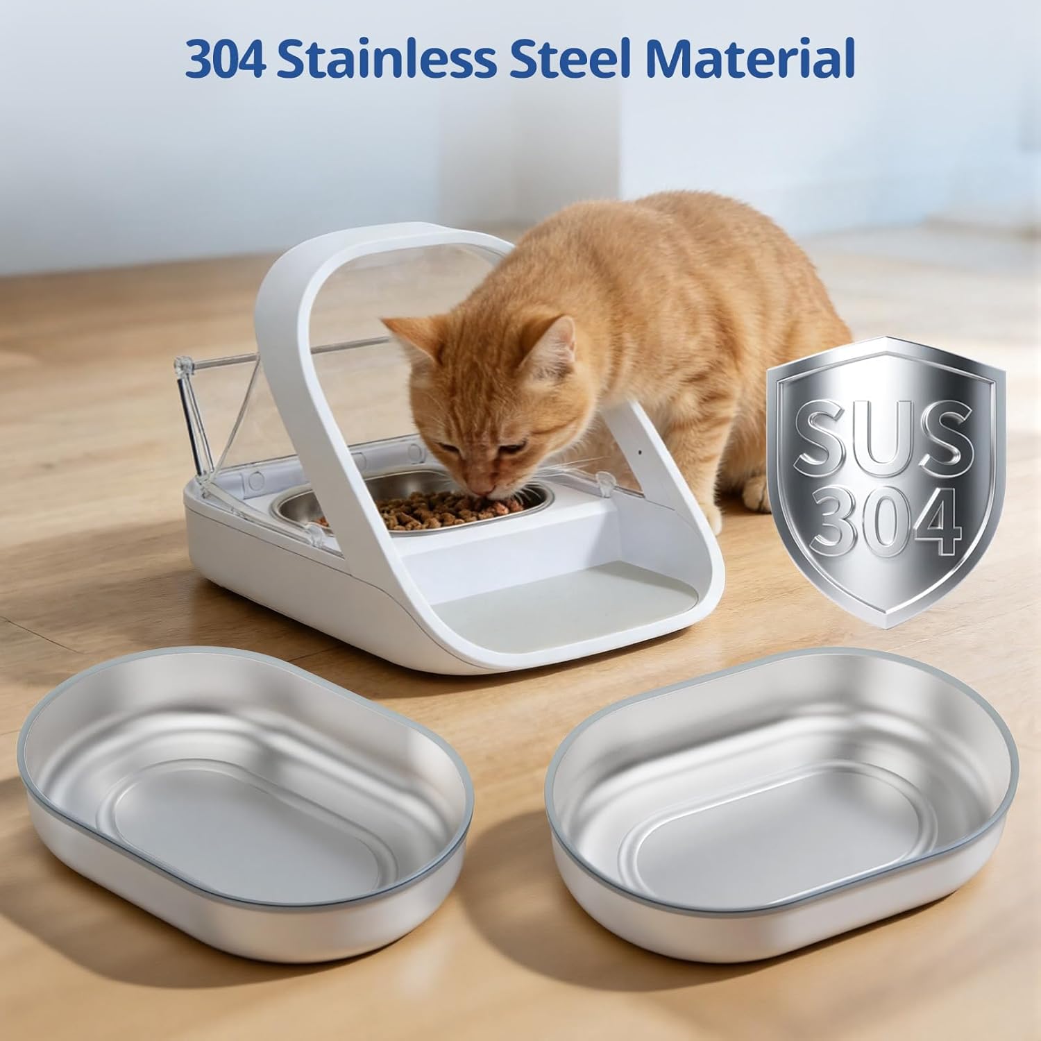 Stainless Steel Bowl & Mat Set for Automatic Microchip Cat Feeder, 2 SUS304 Bowls + 1 Mat, Sealing Ring, Keep Food Fresh, Easy to Clean