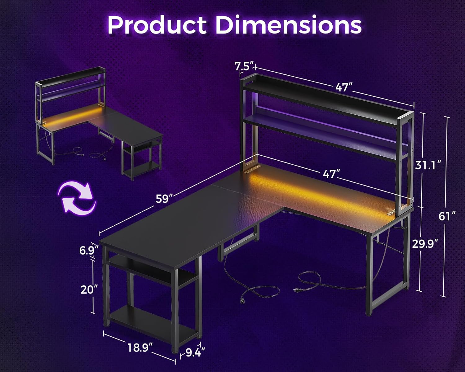 Diagram showing the dimensions of the AODK L-shaped desk, including its reversible configuration.