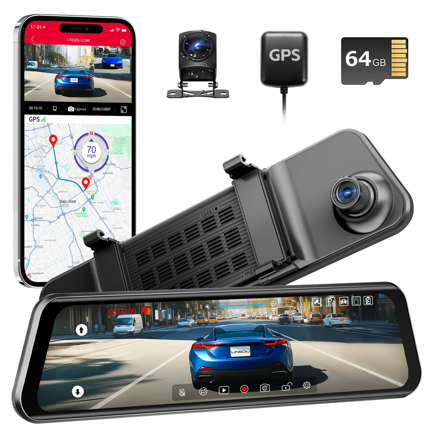 12 Mirror Dash Cam 4K UHD Front and 2 5K Rear View Dash Camera for Car with ADAS