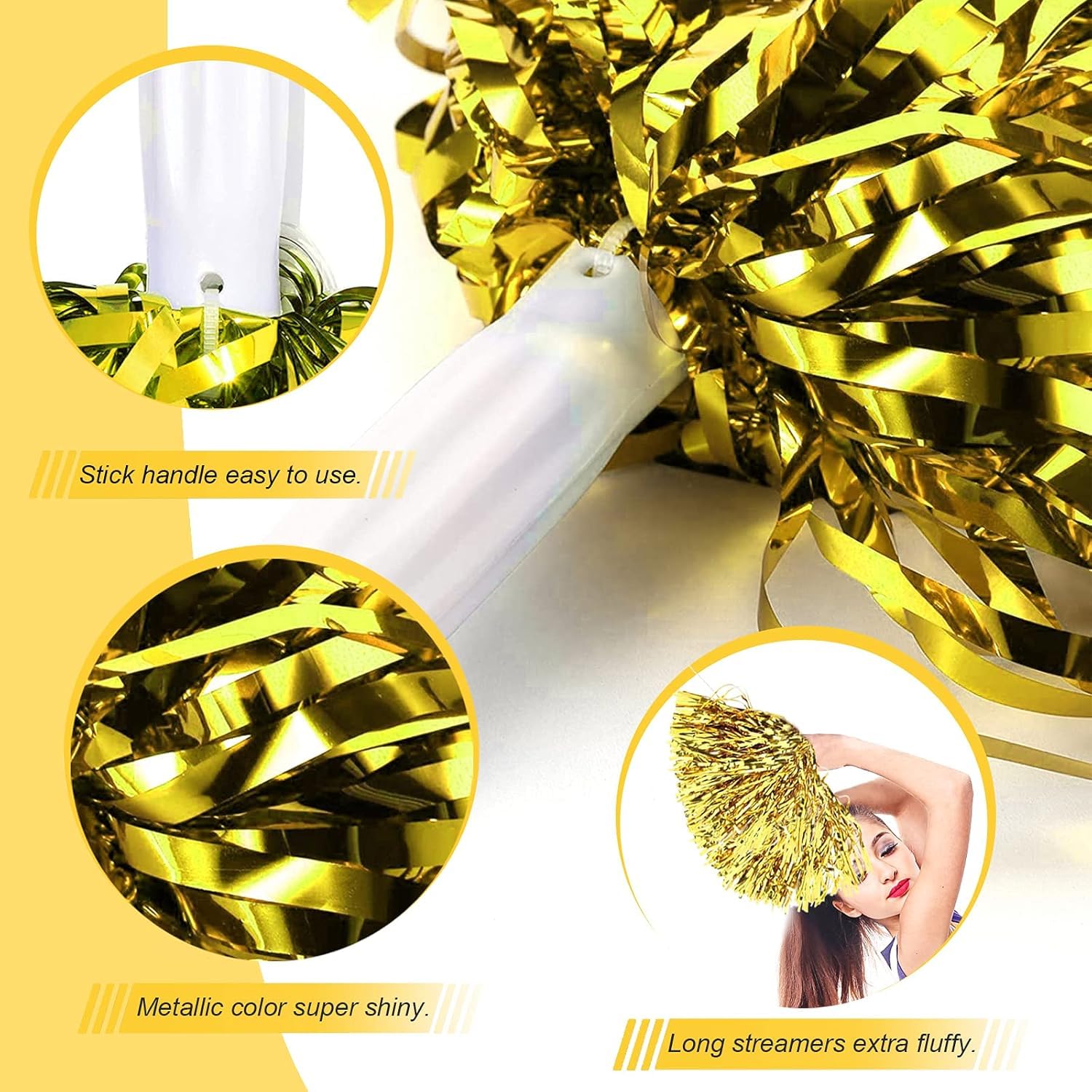 Amit Marketing Cheerleader Pom Poms | Soft Comfortable Handle Reusable | Waterproof | Rooter Shaker Toy | for Cheerleading, Celebrations, Sports Events, Party, Room décor etc. – Pack of 2 Pair (Gold) 1