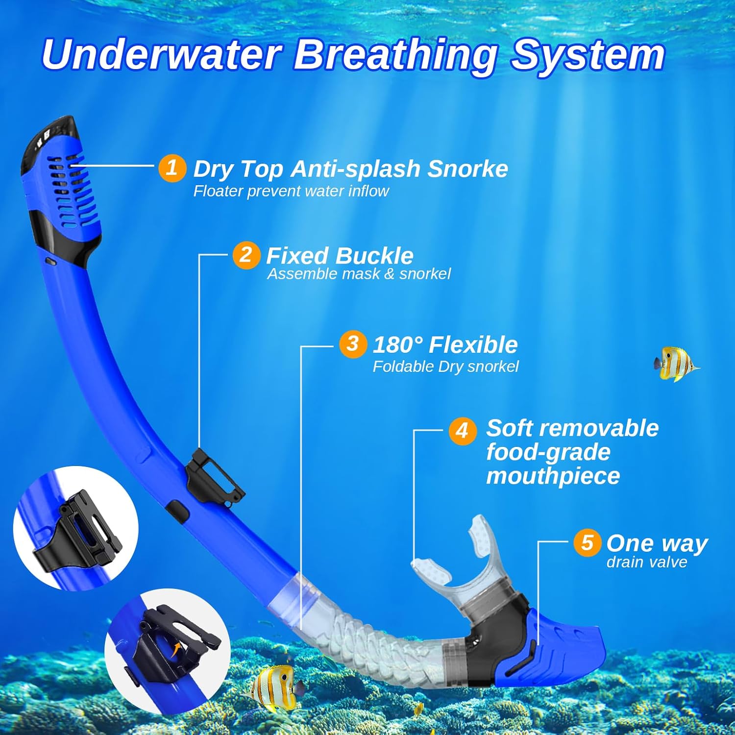 Snorkeling Gear for Adults Set & Dry Snorkel Set, 180° Panoramic Wide View Scuba Mask and Snorkel, Leak Proof Anti-Fog Swim Diving Mask for, Snorkeling, Swimming, Diving(Black Blue) - Image 4