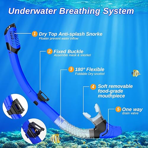 Miniatura 5 de Juego de esnórquel para adultos, kit de esnórquel seco, máscara de buceo antifugas y esnórquel seco, máscara de buceo con vista panorámica de 180
