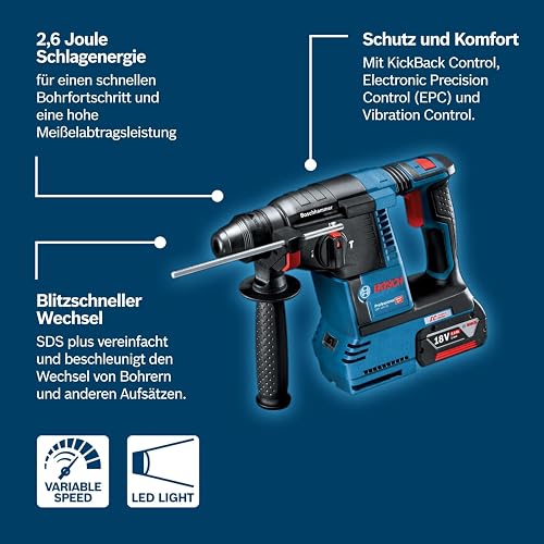 Bosch Professional 18V System Akku Bohrhammer GBH 18V-26 (SDS Plus, Bohr-Ø max: Beton/Stahl/Holz 26/13/30mm, inkl. Zusatzhandgriff, Tiefenanschlag 210mm, Maschinentuch, L-BOXX, ohne Akku/Ladegerät) - 4