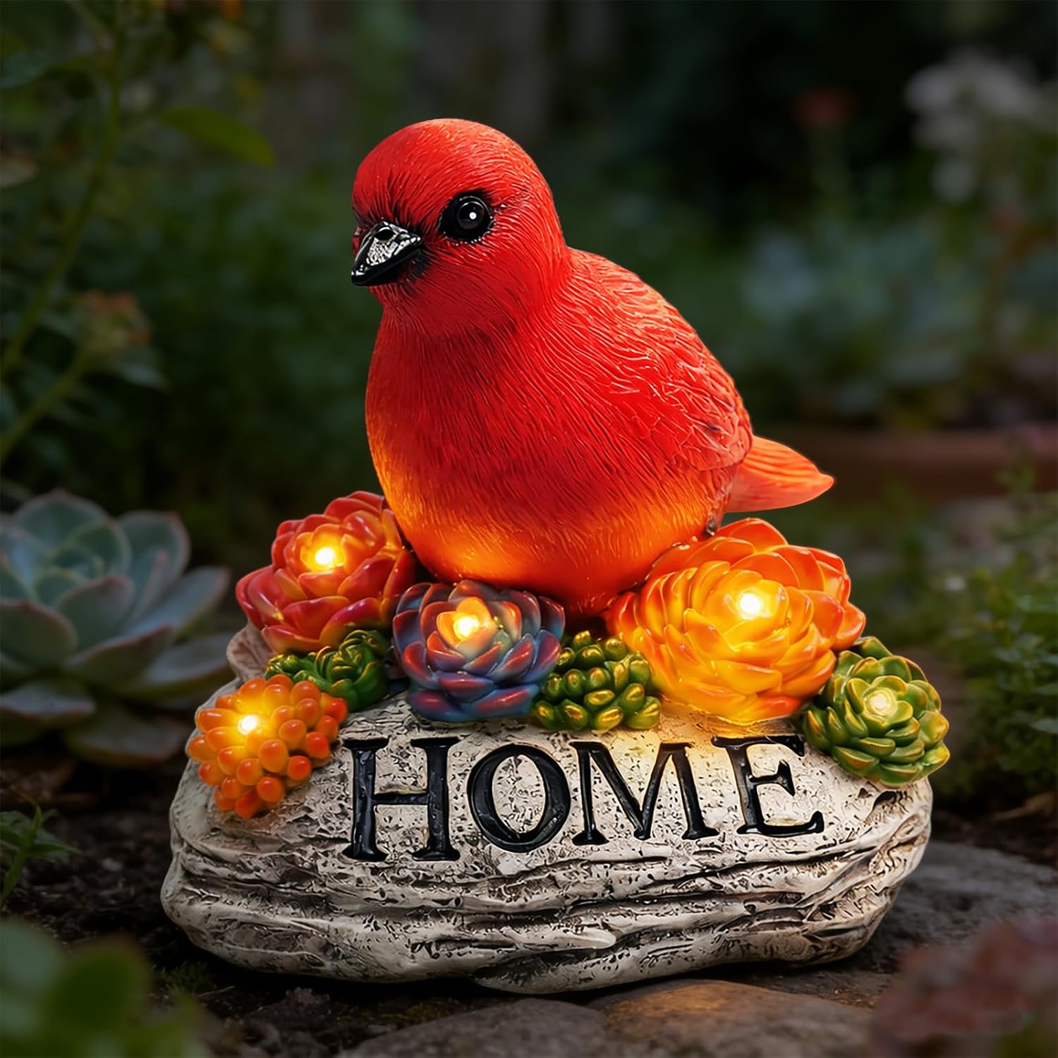 DECOUE Solar Garden Statue with Bird & “Home” Sign, Solar Bird Light Outdoor Decor with Warm LED Glow, Garden Decor for Outside Yard Patio Walkway, Decorative Garden Statue with Succulent Accents