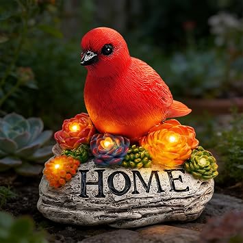 DECOUE Solar Garden Statue with Bird & Home Sign, Solar Bird Light Outdoor Decor with Warm LED Glow, Garden Decor for Outside Yard Patio Walkway, Decorative Garden Statue with Succulent Accents