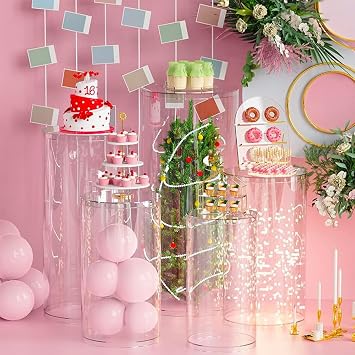 DYRABREST Clear Acrylic Pedestal Display Stands Set Clear Cylinder Pedestal Stands Large Cylinder Plinths Elegant Display Stand for Event Decoration, Weddings and Celebrations 5 pcs