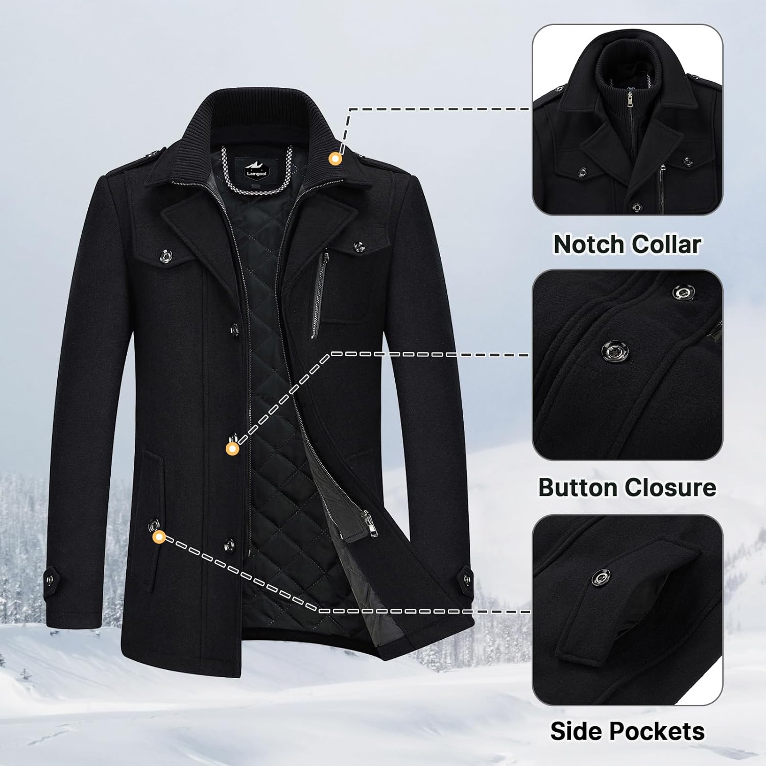 Lamgool Men's Winter Wool Blend Coat Casual Business Single Breasted Peacoat - Image 4