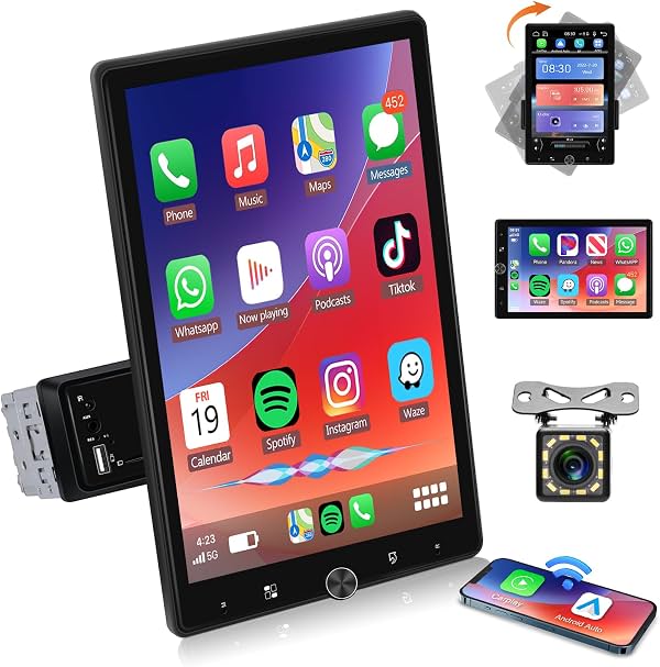 VECHTEL Pantalla Táctil de 10.4" Radio de Auto de Una Sola Din con CarPlay y Android Auto Inalámbrico, Radio Ajustable con Bluetooth, Mirror Link, Radio FM, Subwoofer, SWC, Cámara de Reversa