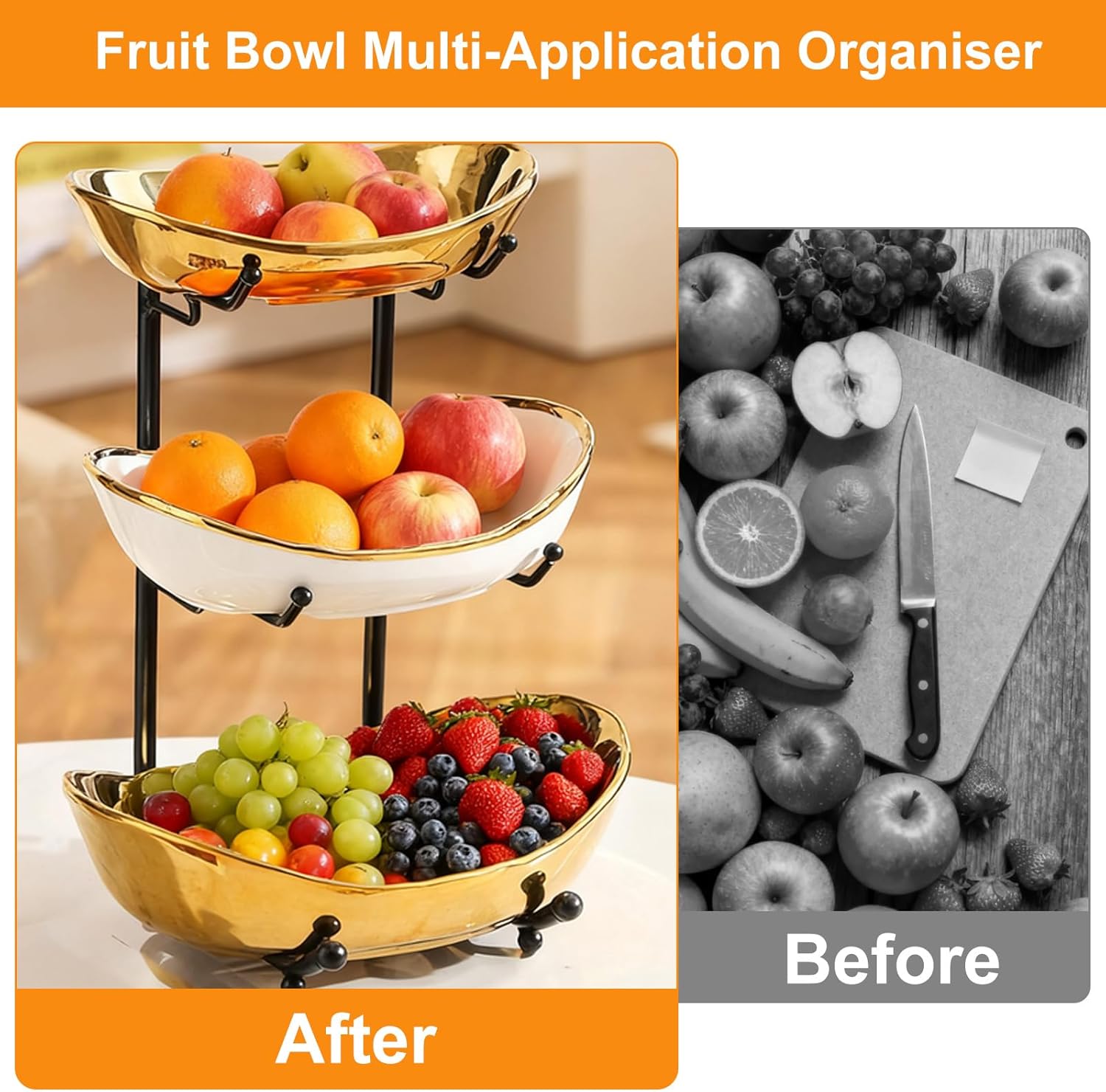jessie 3 Tier Fruit Bowl for Kitchen Counter,Ceramic Bowl with Metal Stand,3 Tier Fruit Basket for Vegetable Bread Candy Snack Nuts Dessert Cake Tray (Gold Bowl Black Rack)