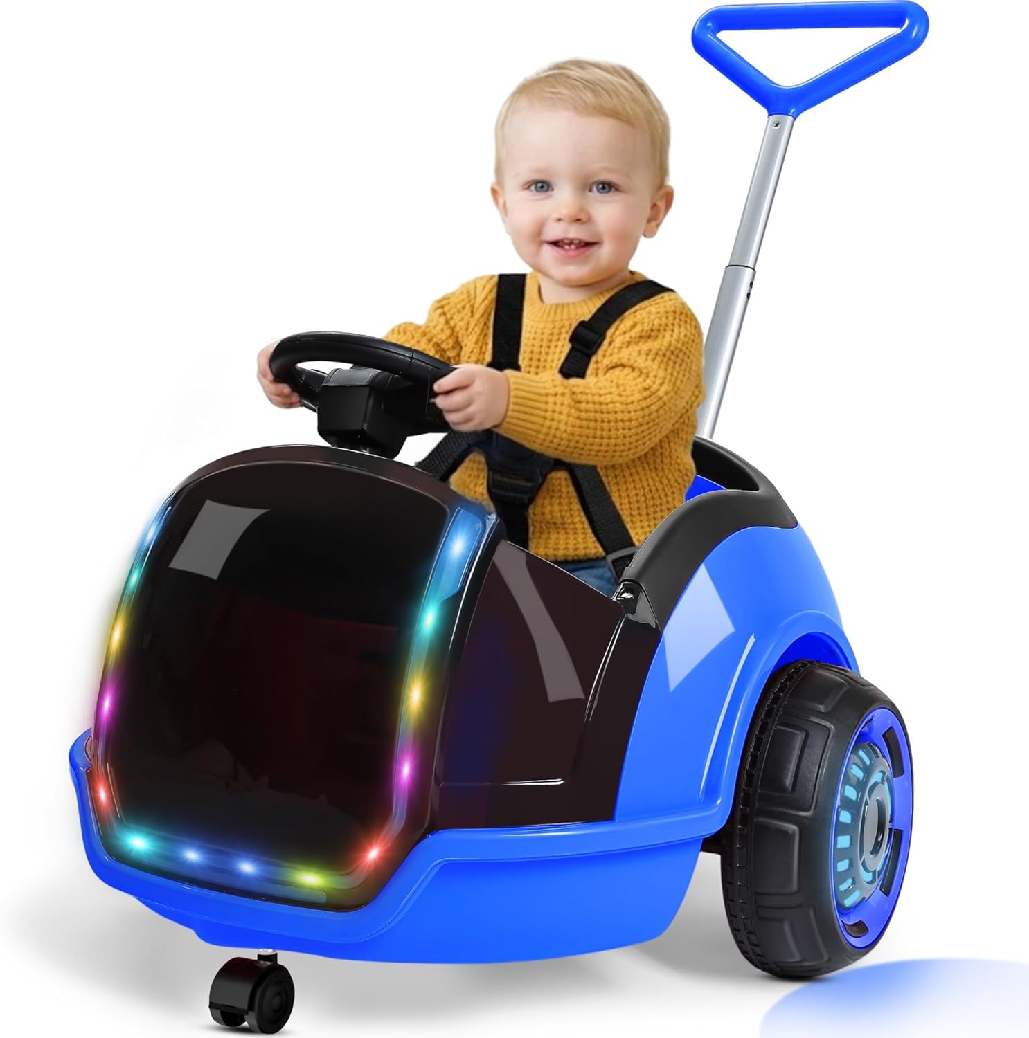 ANPABO 3-in-1 Electric Push Ride On Car, 12V Kids Ride On Toy w/Remote Control, 360° Spin, 5-Point Safety Belt, Colorful LED Light, Music Player, Push Car for Toddler Ages 1-3 (Blue)