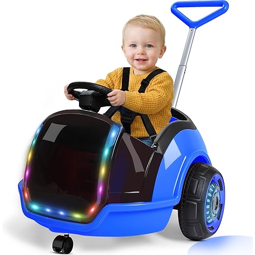 ANPABO 3-in-1 Electric Push Ride On Car, 12V Kids Ride On Toy w/Remote Control, 360° Spin, 5-Point Safety Belt, Colorful LED Light, Music Player, Push Car for Toddler Ages 1-3 (Blue)